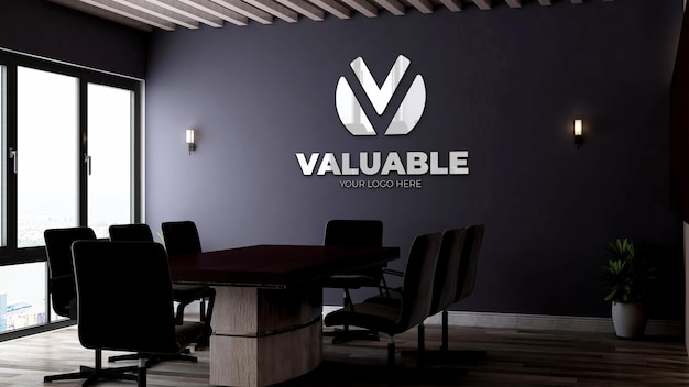 PSD maqueta de logotipo 3d realista en la sala de reuniones de negocios de la oficina con un elegante diseño de interiores
