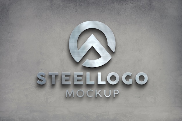 Maqueta de logotipo de acero galvanizado plateado frontal 3d en pared
