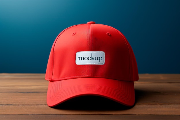 Maqueta del logotipo bordado en una aplicación de tela blanca en una gorra deportiva roja