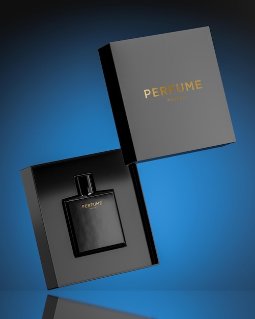 Maqueta del logotipo de la botella de perfume negro sobre fondo azul para la identidad de la marca 3d render