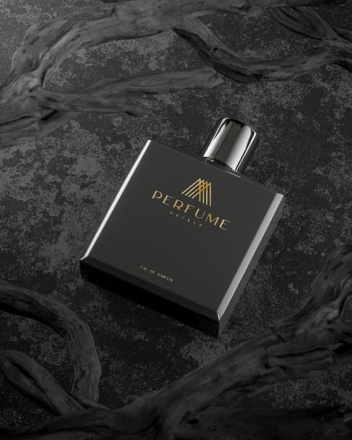 Maqueta de logotipo de botella de perfume negro sobre fondo de rama de árbol negro 3d render