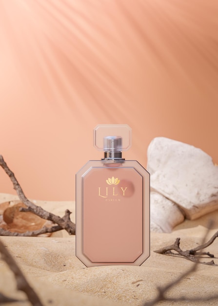 Maqueta del logotipo de la botella de perfume para la presentación de la marca en el render 3d de fondo de dunas de arena del desierto