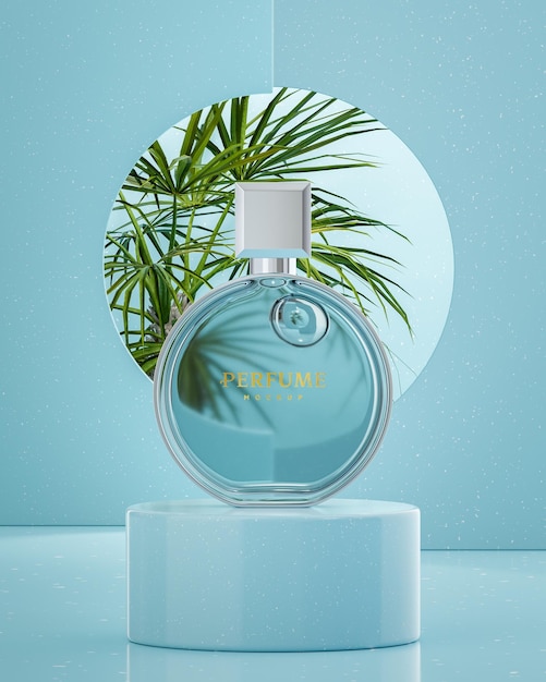 Maqueta de logotipo de botella de perfume redonda sobre fondo azul tropical para branding 3d render