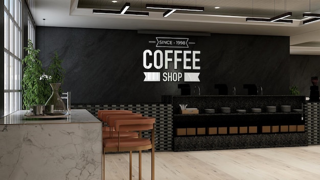 Maqueta de logotipo de café de pared 3d en la cafetería b con sofá