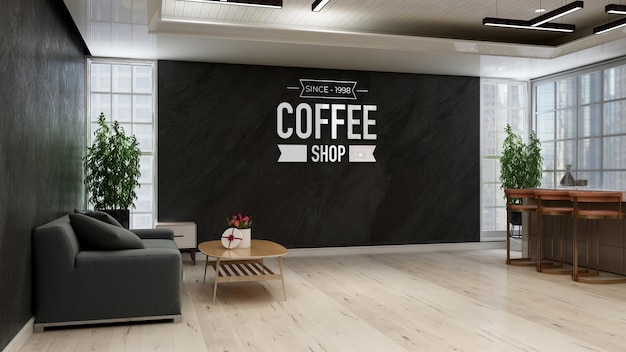 Maqueta de logotipo de café de pared 3d en la cafetería b con sofá