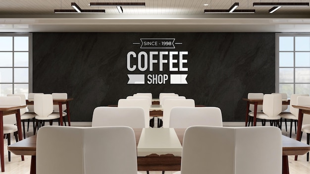 Maqueta de logotipo de cafetería 3d en el interior de la cafetería moderna