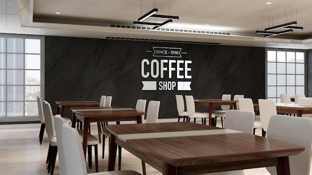 Maqueta de logotipo de cafetería 3d en el interior de la cafetería moderna