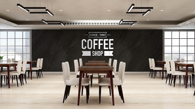 Maqueta de logotipo de cafetería 3d en el interior de la cafetería moderna