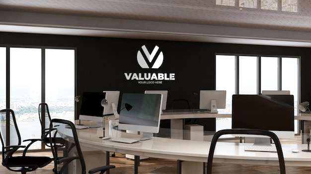 Maqueta del logotipo de la empresa 3d en el espacio de trabajo de la oficina