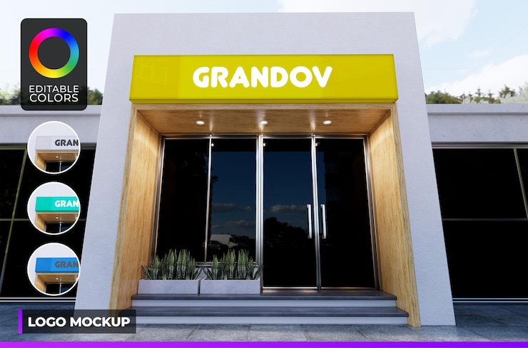 PSD maqueta de logotipo en fachada luz de día de tienda moderna
