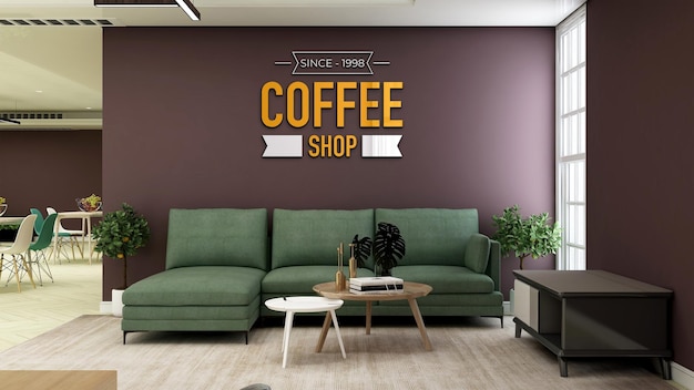Maqueta de logotipo de letrero de pared 3d en la cafetería con sofá