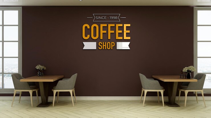 maqueta del logotipo del letrero de la pared de la cafetería en la sala de reuniones de la cafetería o restaurante