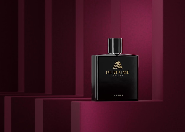 Maqueta de logotipo de lujo de botella de perfume negro para marca sobre fondo rojo 3d render