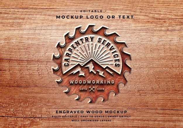 PSD maqueta de logotipo de madera grabada