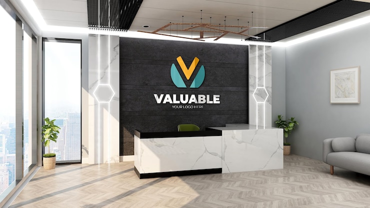 PSD maqueta del logotipo de la marca del hospital en la recepción de lujo o en la sala de recepción con pared de piedra