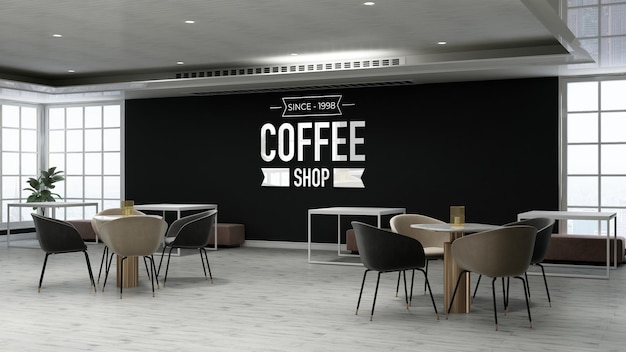 PSD maqueta de logotipo de pared en la cafetería con mesa y silla de madera