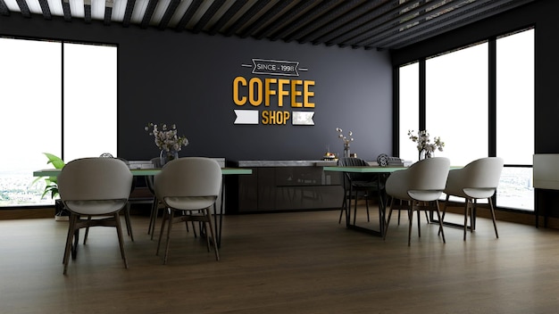 Maqueta del logotipo de la pared de la cafetería en la sala de reuniones de la cafetería o restaurante