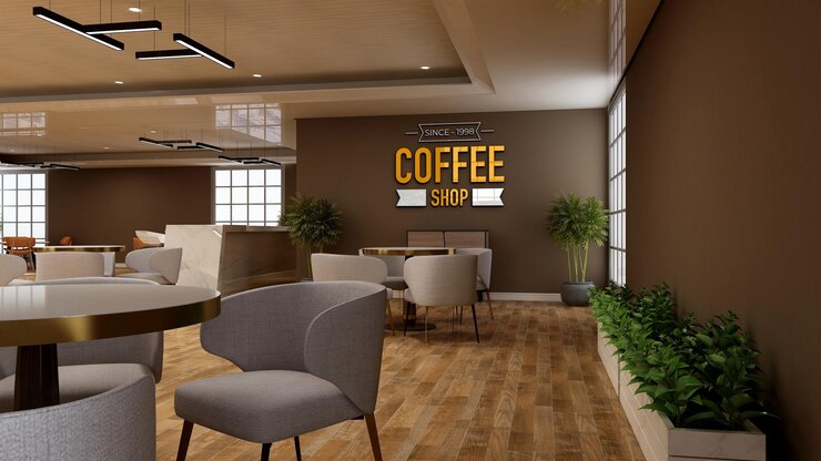 PSD maqueta del logotipo de la pared de la cafetería en la sala de reuniones de la cafetería o restaurante