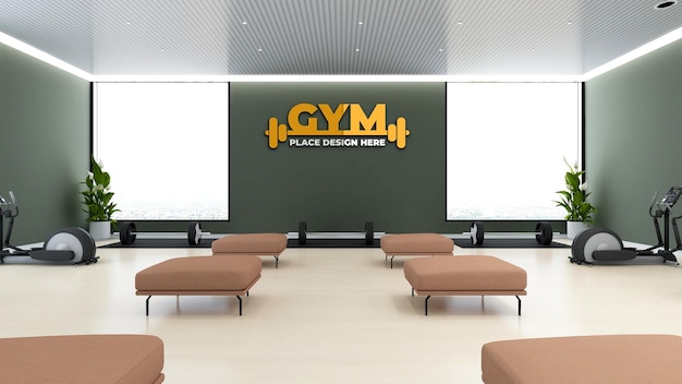 PSD maqueta del logotipo de la pared del gimnasio en el gimnasio o sala de gimnasio del atleta con pared negra