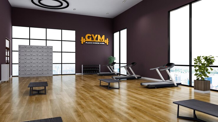 Maqueta del logotipo de la pared del gimnasio PSD en la sala de fitness o gimnasio del atleta con pared negra