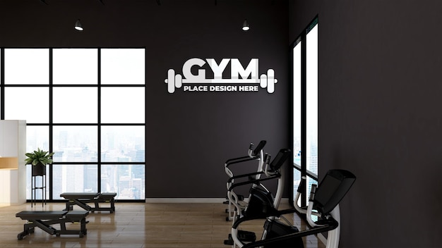 PSD maqueta de logotipo de pared interior de gimnasio moderno