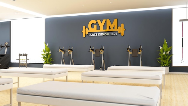 Maqueta de logotipo de pared interior de gimnasio moderno