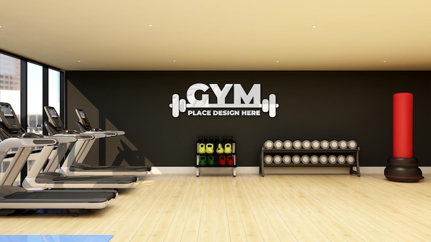 PSD maqueta de logotipo de pared en una moderna sala de fitness y gimnasio