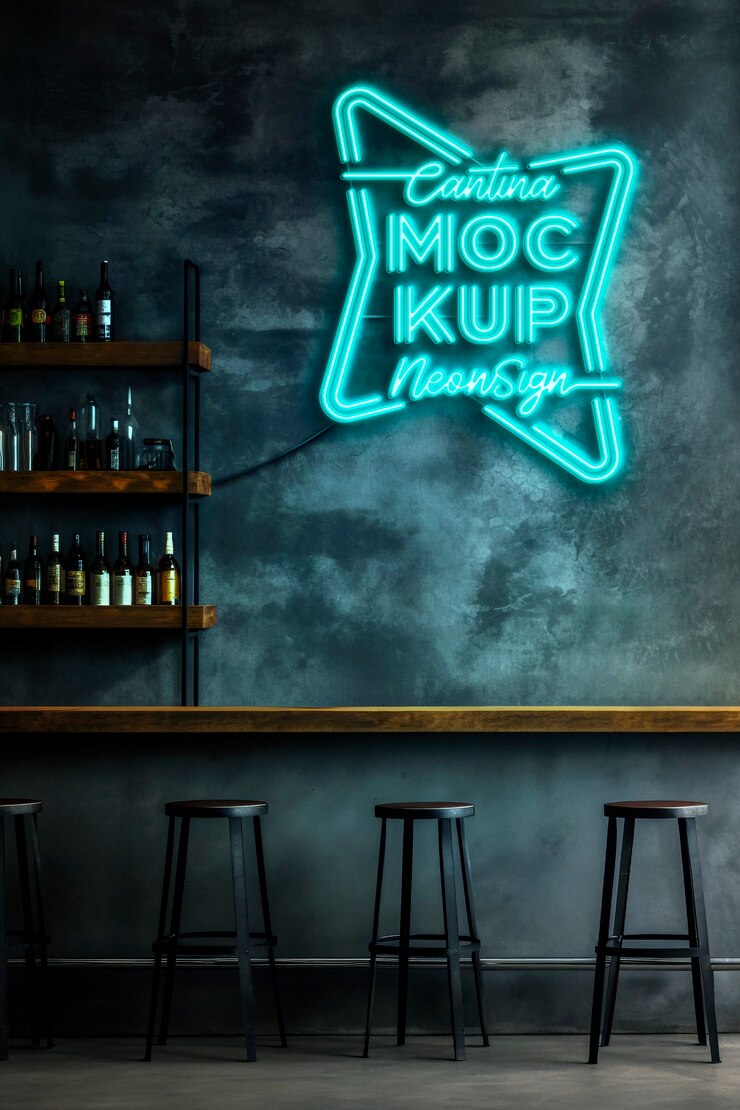 PSD maqueta de logotipo de pared de un restaurante de neón