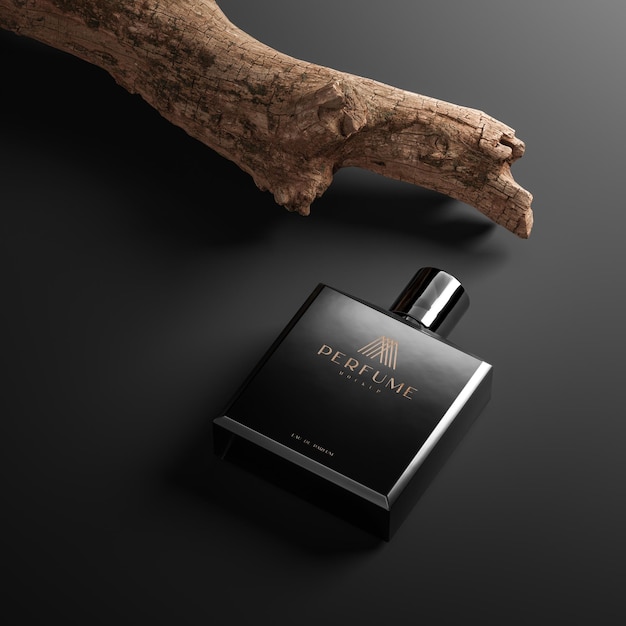 Maqueta de logotipo de perfume negro en render 3d de fondo negro de rama de árbol