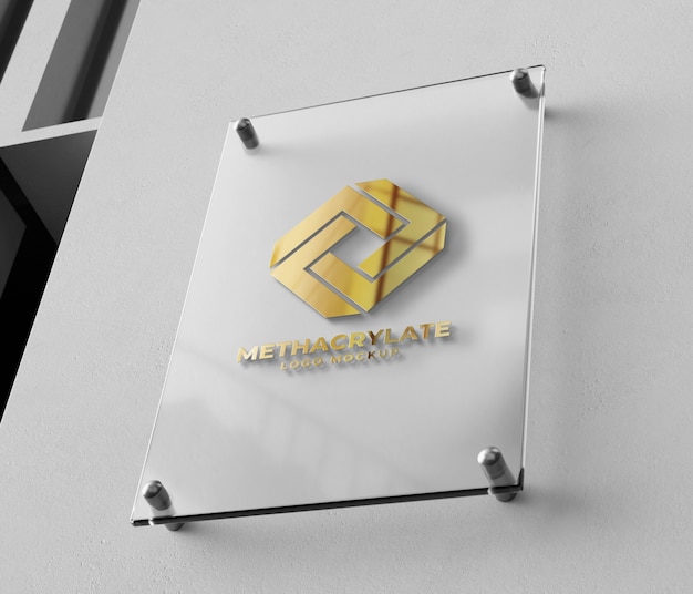 PSD maqueta del logotipo en la placa de identificación de metacrilato