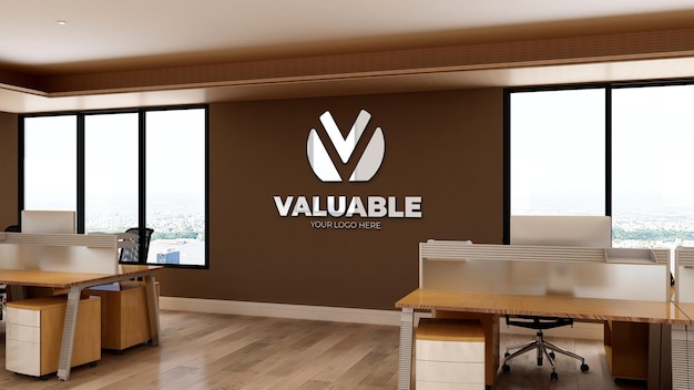 Maqueta de logotipo realista 3d en el lugar de trabajo de la oficina de negocios con diseño inerior de madera