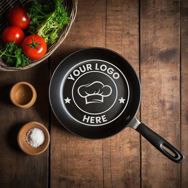 Maqueta del logotipo del restaurante con sartén en la mesa de la cocina