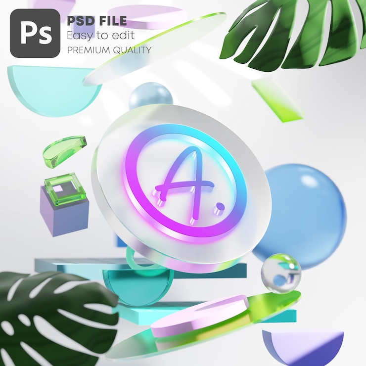 PSD maqueta de logotipo de vidrio formas geométricas con glassmorphism square glass y monstera leaf 3d render