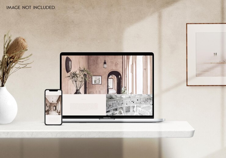 Maqueta de Macbook y iPhone con luz solar natural