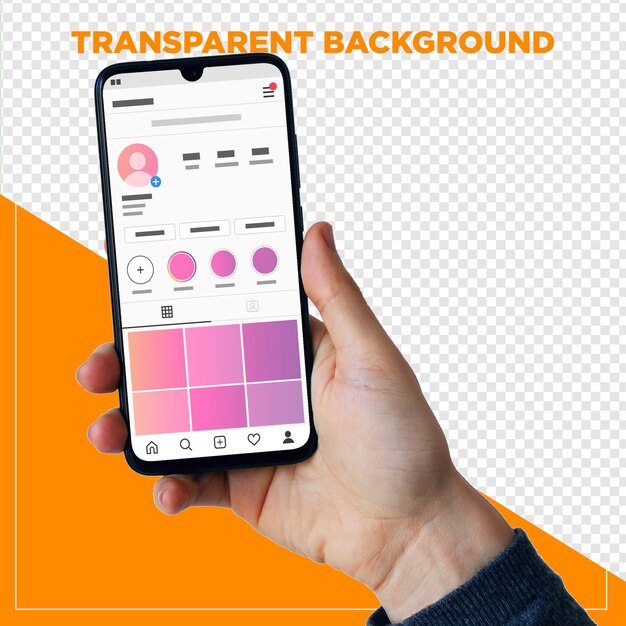 Maqueta de mano sosteniendo un teléfono móvil con fondo transparente