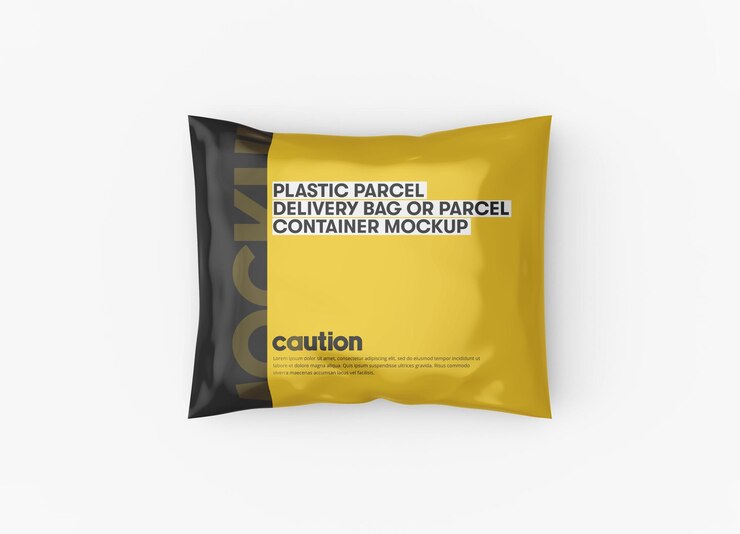 Maqueta de marca de bolsa de entrega de paquetes de plástico brillante