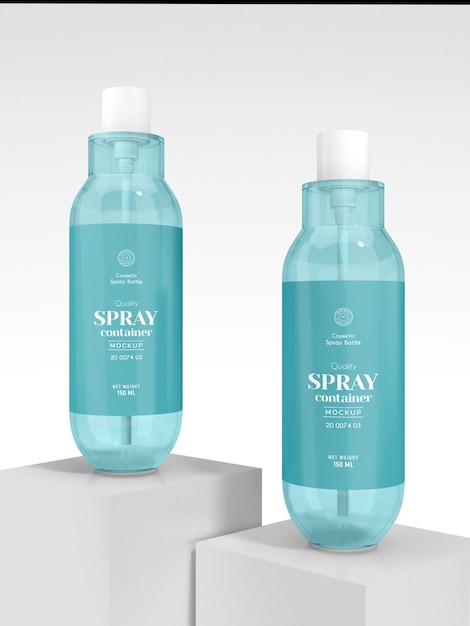 Maqueta de marca de botella de contenedor de aerosol cosmético brillante transparente