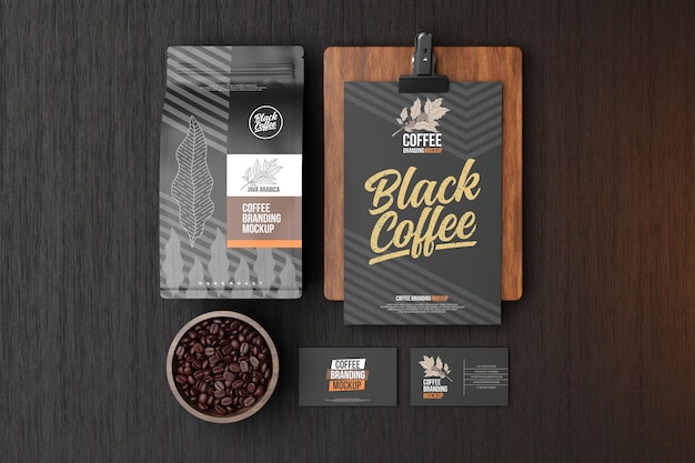 PSD maqueta de marca de café en tema negro