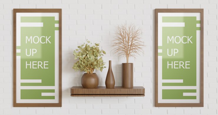 Maqueta de marco de banner en la pared con jarrón de madera y plantas
