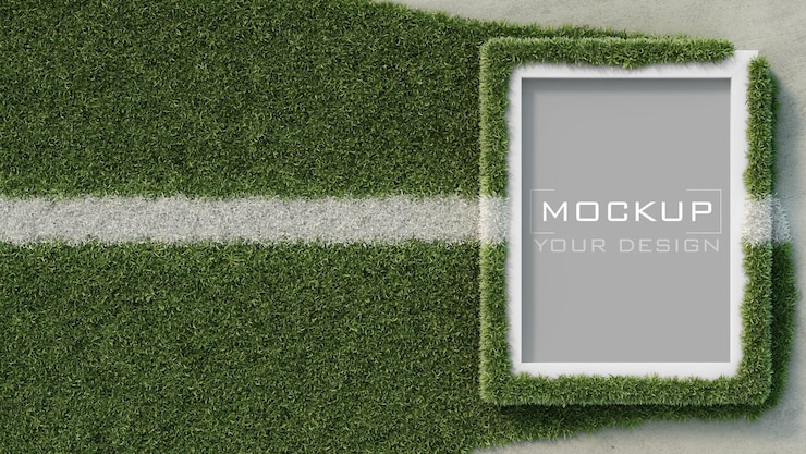 PSD maqueta de marco blanco en muro de hormigón con campo de juego de hierba