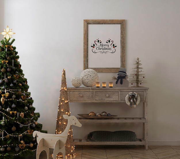 Maqueta de marco de cartel rústico en interior vintage con árbol de Navidad y decoración
