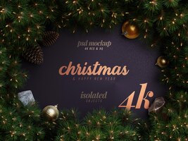 PSD maqueta de marco decorativo navideño con ramas de pino ilustración 3d