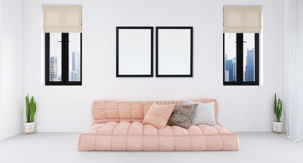 Maqueta de marco de dos carteles en un diseño interior de sala de estar mínimo con fondo blanco, sofá, ventanas