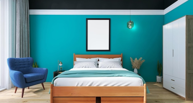 Maqueta de marco de fotos en blanco en el diseño interior de la sala de estar moderna con fondo de cama verde