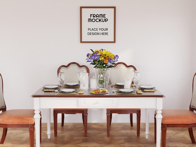 Maqueta de marco de fotos en blanco realista en el comedor