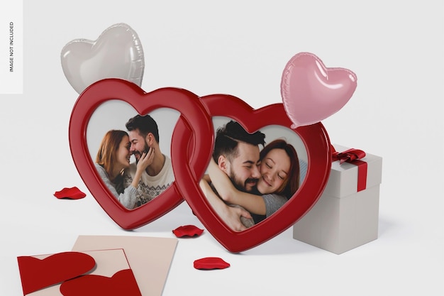 Maqueta de marco de fotos de corazón del día de San Valentín, vista frontal derecha de 3/4
