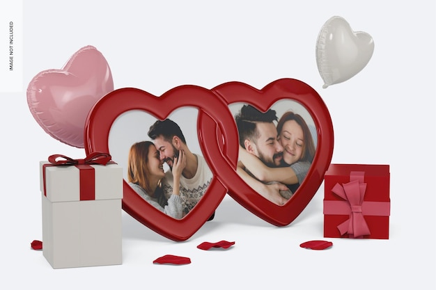 Maqueta de marco de fotos de corazón del día de San Valentín, vista frontal izquierda 3/4