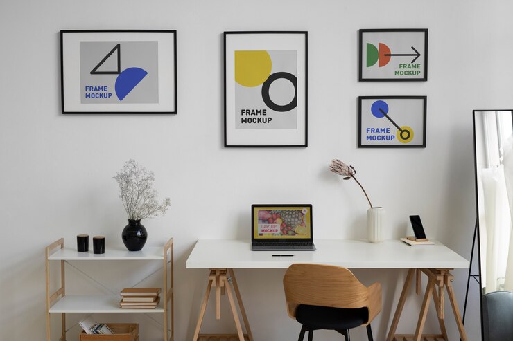 Maqueta de marco de fotos con decoración de paredes y diseño de interiores.