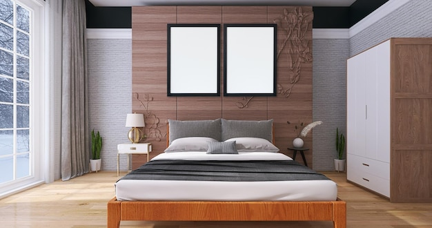 Maqueta de marco de fotos en diseño interior de dormitorio moderno con cama, fondo de madera