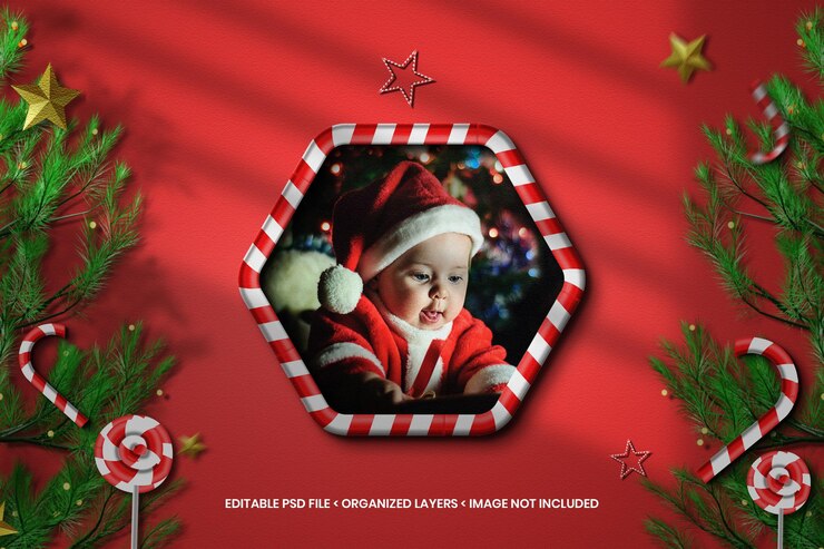 PSD maqueta de marco de fotos de papel navideño con papel rasgado y superposición de sombras